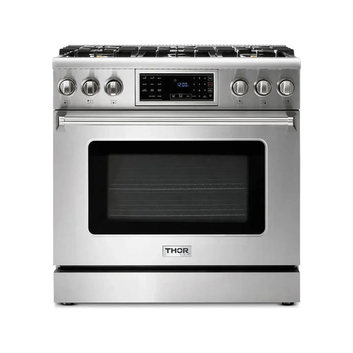 Thor Kitchen 36 In. Gas Range, Microwave Drawer, Refrigerator with Water and Ice Dispenser, Dishwasher Appliance Package