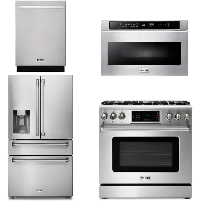 Thor Kitchen Kitchen Appliance Packages Thor Kitchen 36 In. Gas Range, Microwave Drawer, Refrigerator with Water and Ice Dispenser, Dishwasher Appliance Package