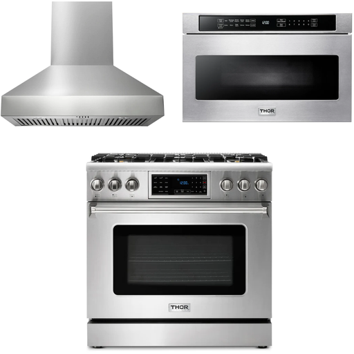 Thor Kitchen 36 In. Gas Range, Range Hood, Microwave Drawer Appliance Package