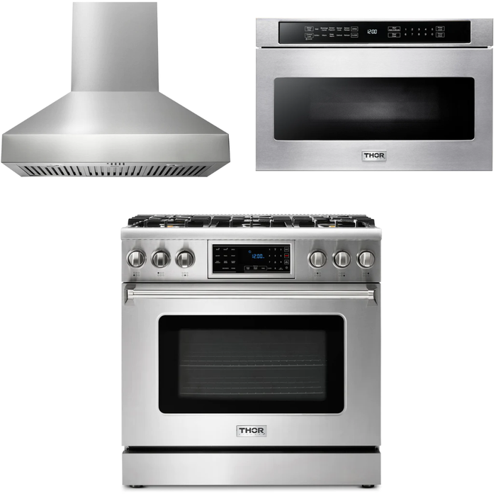 Thor Kitchen 36 In. Gas Range, Range Hood, Microwave Drawer Appliance Package