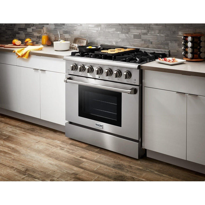 Thor Kitchen 36 In. Gas Range, Range Hood, Microwave Drawer Appliance Package