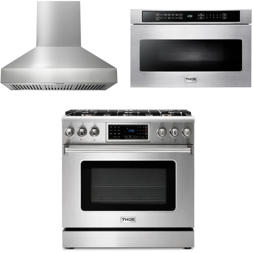 Thor Kitchen Kitchen Appliance Packages Thor Kitchen 36 In. Gas Range, Range Hood, Microwave Drawer Appliance Package
