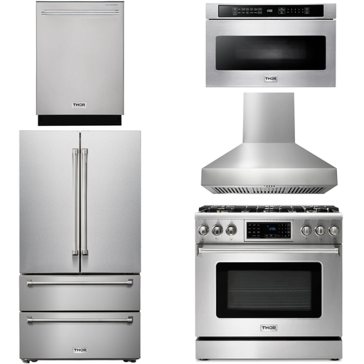 Thor Kitchen 36 In. Gas Range, Range Hood, Microwave Drawer, Refrigerator, Dishwasher Appliance Package