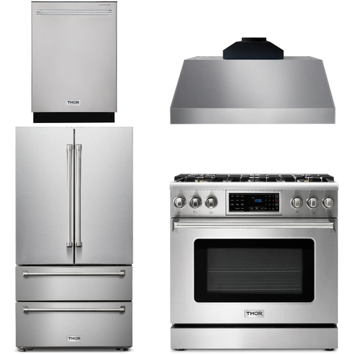 Thor Kitchen Kitchen Appliance Packages Thor Kitchen 36 In. Gas Range, Range Hood, Microwave Drawer, Refrigerator, Dishwasher Appliance Package
