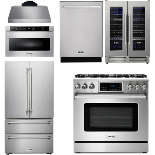 Thor Kitchen 36 In. Gas Range, Range Hood, Microwave Drawer, Refrigerator, Dishwasher, Wine Cooler Appliance Package