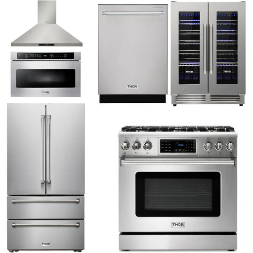 Thor Kitchen 36 In. Gas Range, Range Hood, Microwave Drawer, Refrigerator, Dishwasher, Wine Cooler Appliance Package