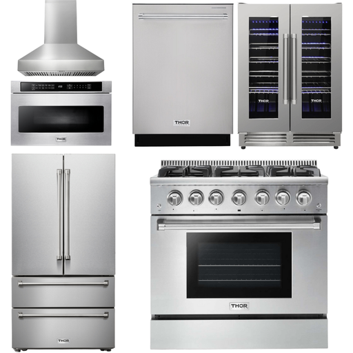 Thor Kitchen 36 In. Gas Range, Range Hood, Microwave Drawer, Refrigerator, Dishwasher, Wine Cooler Appliance Package