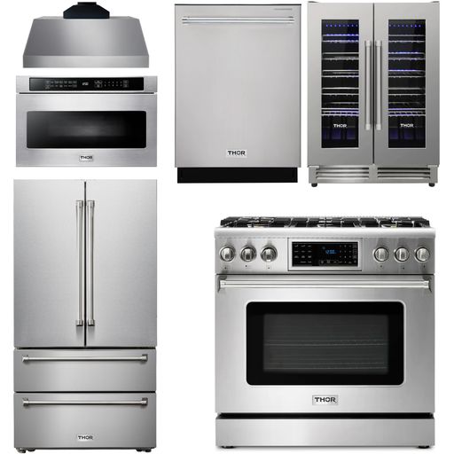 Thor Kitchen Kitchen Appliance Packages Thor Kitchen 36 In. Gas Range, Range Hood, Microwave Drawer, Refrigerator, Dishwasher, Wine Cooler Appliance Package