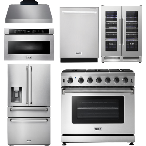 Thor Kitchen 36 In. Gas Range, Range Hood, Microwave Drawer, Refrigerator with Fridge and Ice Maker, Dishwasher, Wine Cooler Appliance Package