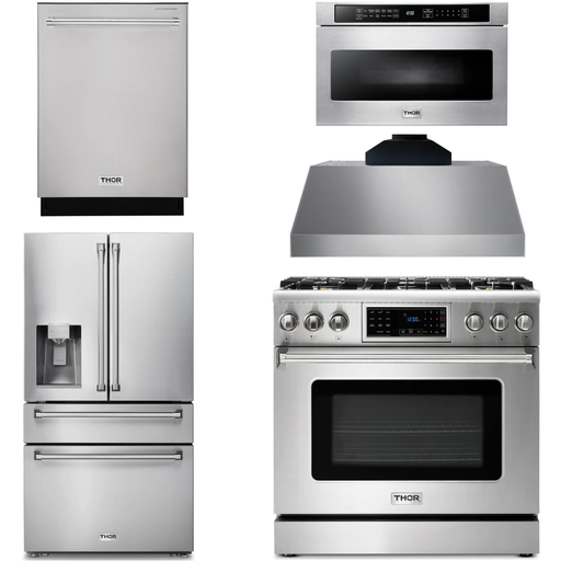 Thor Kitchen 36 In. Gas Range, Range Hood, Microwave Drawer, Refrigerator with Water and Ice Dispenser, Dishwasher Appliance Package