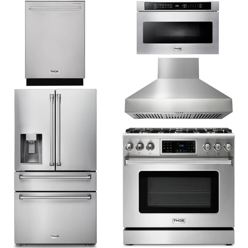 Thor Kitchen 36 In. Gas Range, Range Hood, Microwave Drawer, Refrigerator with Water and Ice Dispenser, Dishwasher Appliance Package