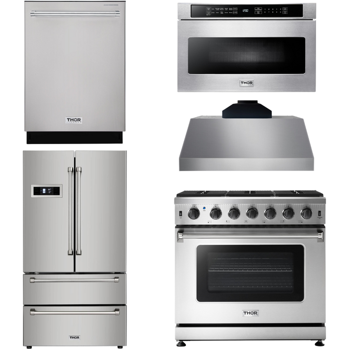 Thor Kitchen 36 In. Gas Range, Range Hood, Microwave Drawer, Refrigerator with Water and Ice Dispenser, Dishwasher Appliance Package