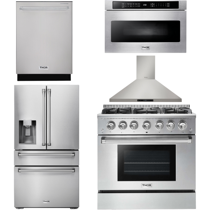 Thor Kitchen 36 In. Gas Range, Range Hood, Microwave Drawer, Refrigerator with Water and Ice Dispenser, Dishwasher Appliance Package