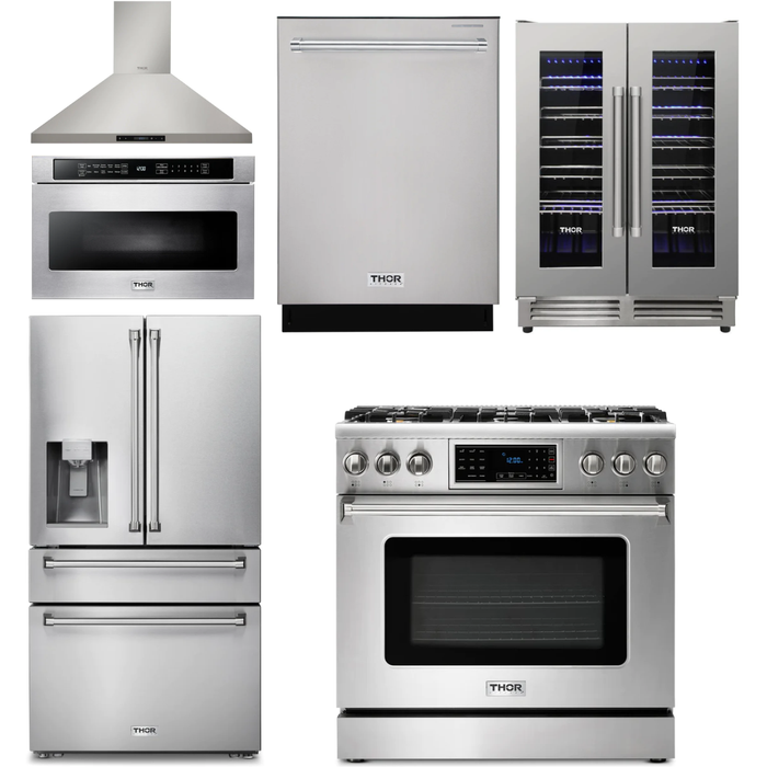 Thor Kitchen 36 In. Gas Range, Range Hood, Microwave Drawer, Refrigerator with Water and Ice Dispenser, Dishwasher, Wine Cooler Appliance Package