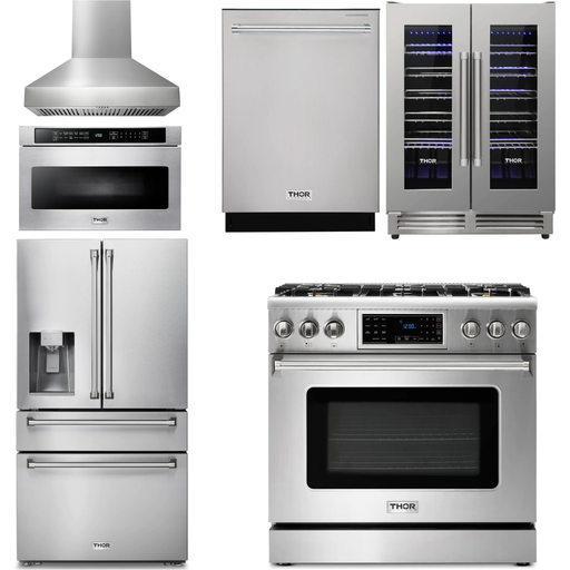 Thor Kitchen 36 In. Gas Range, Range Hood, Microwave Drawer, Refrigerator with Water and Ice Dispenser, Dishwasher, Wine Cooler Appliance Package