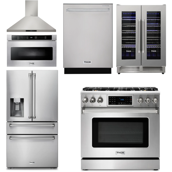 Thor Kitchen Kitchen Appliance Packages Thor Kitchen 36 In. Gas Range, Range Hood, Microwave Drawer, Refrigerator with Water and Ice Dispenser, Dishwasher, Wine Cooler Appliance Package