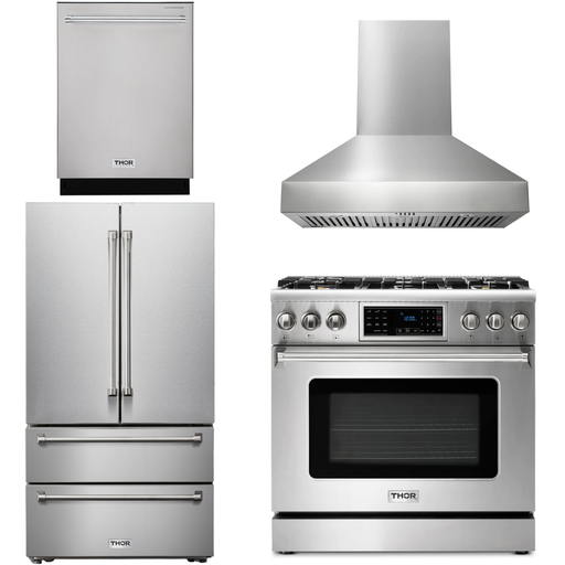 Thor Kitchen 36 In. Gas Range, Range Hood, Refrigerator, Dishwasher Appliance Package