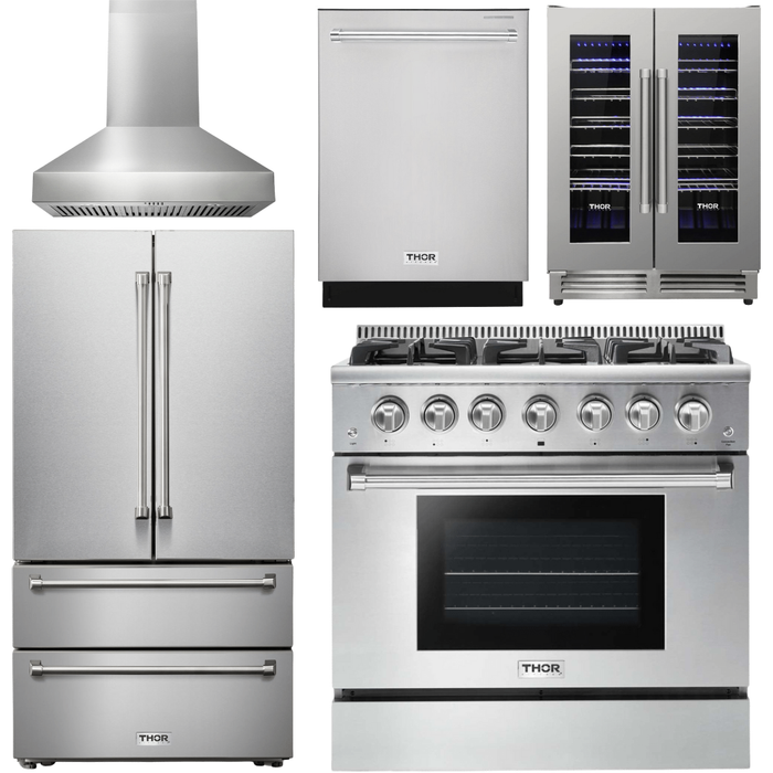 Thor Kitchen Kitchen Appliance Packages Thor Kitchen 36 In. Gas Range, Range Hood, Refrigerator, Dishwasher, Wine Cooler Appliance Package