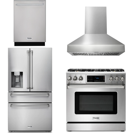 Thor Kitchen 36 In. Gas Range, Range Hood, Refrigerator with Water and Ice Dispenser, Dishwasher Appliance Package