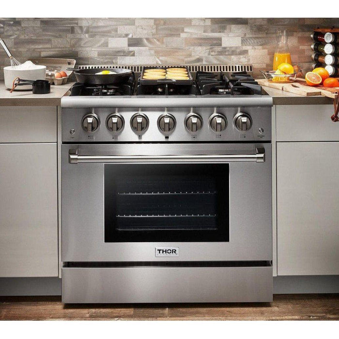 Thor Kitchen 36 In. Gas Range, Range Hood, Refrigerator with Water and Ice Dispenser, Dishwasher Appliance Package