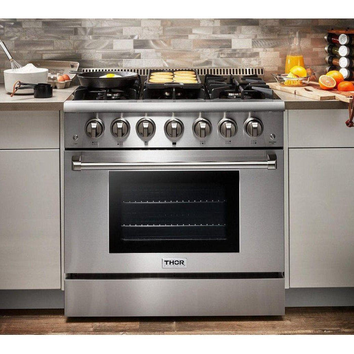 Thor Kitchen 36 In. Gas Range, Range Hood, Refrigerator with Water and Ice Dispenser, Dishwasher Appliance Package