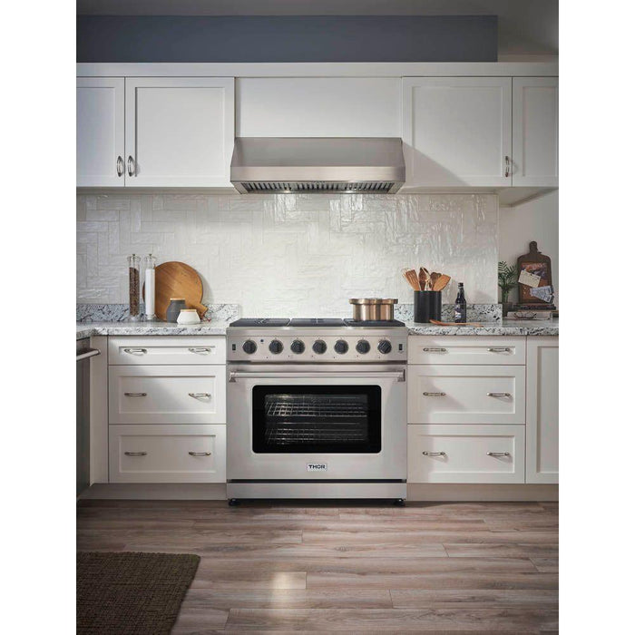 Thor Kitchen 36 In. Gas Range, Range Hood, Refrigerator with Water and Ice Dispenser, Dishwasher Appliance Package