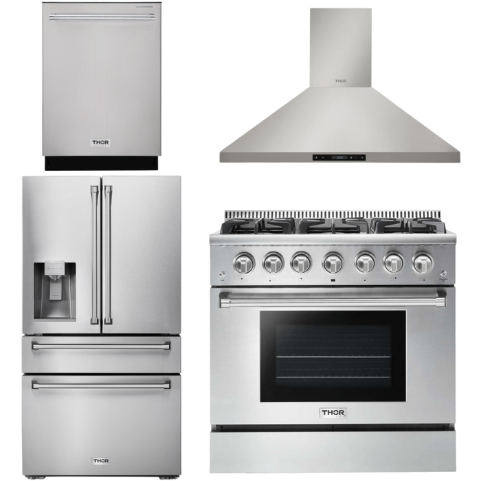 Thor Kitchen 36 In. Gas Range, Range Hood, Refrigerator with Water and Ice Dispenser, Dishwasher Appliance Package