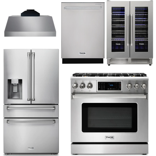 Thor Kitchen 36 In. Gas Range, Range Hood, Refrigerator with Water and Ice Dispenser, Dishwasher, Wine Cooler Appliance Package