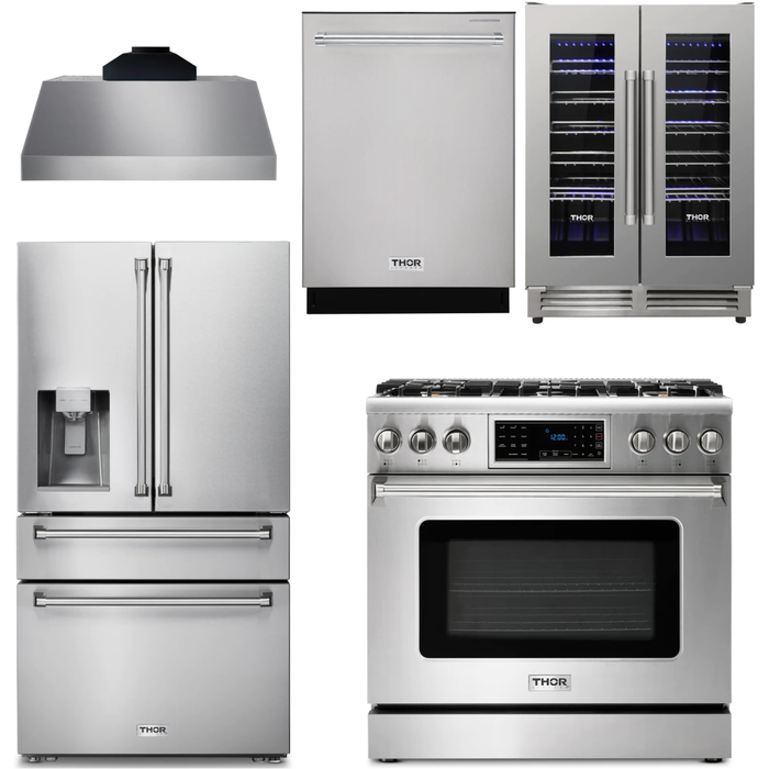 Thor Kitchen 36 In. Gas Range, Range Hood, Refrigerator with Water and Ice Dispenser, Dishwasher, Wine Cooler Appliance Package