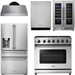 Thor Kitchen 36 In. Gas Range, Range Hood, Refrigerator with Water and Ice Dispenser, Dishwasher, Wine Cooler Appliance Package