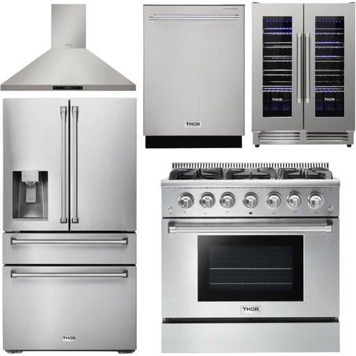 Thor Kitchen 36 in. Gas Range, Range Hood, Refrigerator with Water and Ice Dispenser, Dishwasher, Wine Cooler Appliance Package