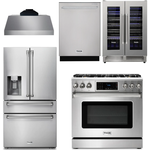 Thor Kitchen Kitchen Appliance Packages Thor Kitchen 36 In. Gas Range, Range Hood, Refrigerator with Water and Ice Dispenser, Dishwasher, Wine Cooler Appliance Package