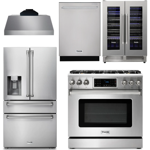 Thor Kitchen Kitchen Appliance Packages Thor Kitchen 36 In. Gas Range, Range Hood, Refrigerator with Water and Ice Dispenser, Dishwasher, Wine Cooler Appliance Package