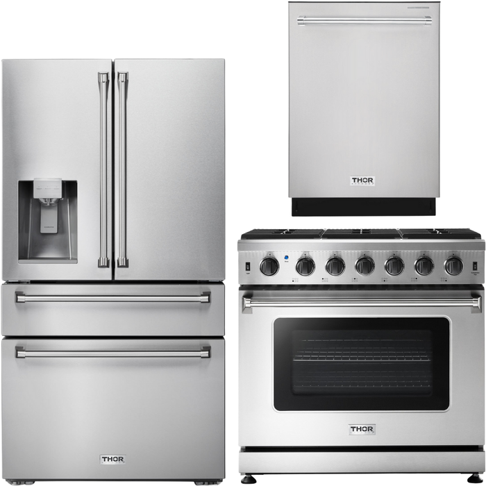 Thor Kitchen 36 in. Gas Range, Refrigerator with Water and Ice Dispenser, Dishwasher Appliance Package