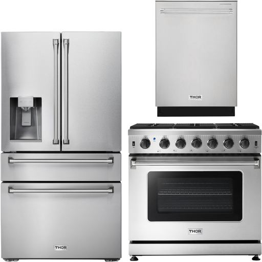 Thor Kitchen Kitchen Appliance Packages Thor Kitchen 36 in. Gas Range, Refrigerator with Water and Ice Dispenser, Dishwasher Appliance Package
