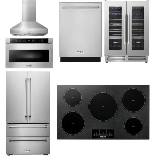 Thor Kitchen 36 In. Induction Cooktop, Range Hood, Microwave Drawer, Refrigerator, Dishwasher, Wine Cooler Appliance Package