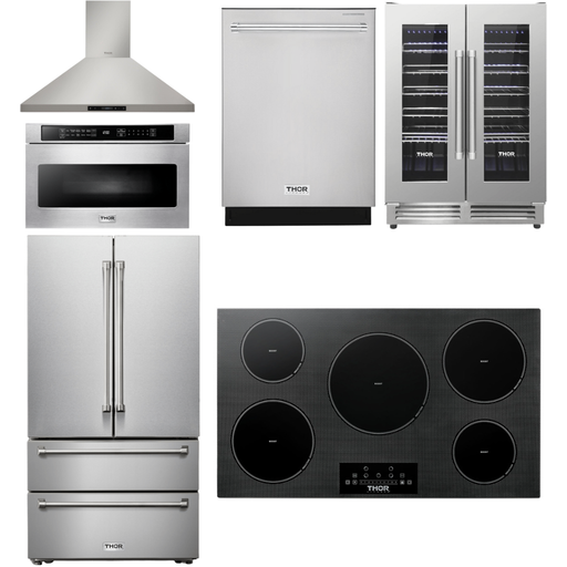 Thor Kitchen 36 In. Induction Cooktop, Range Hood, Microwave Drawer, Refrigerator, Dishwasher, Wine Cooler Appliance Package