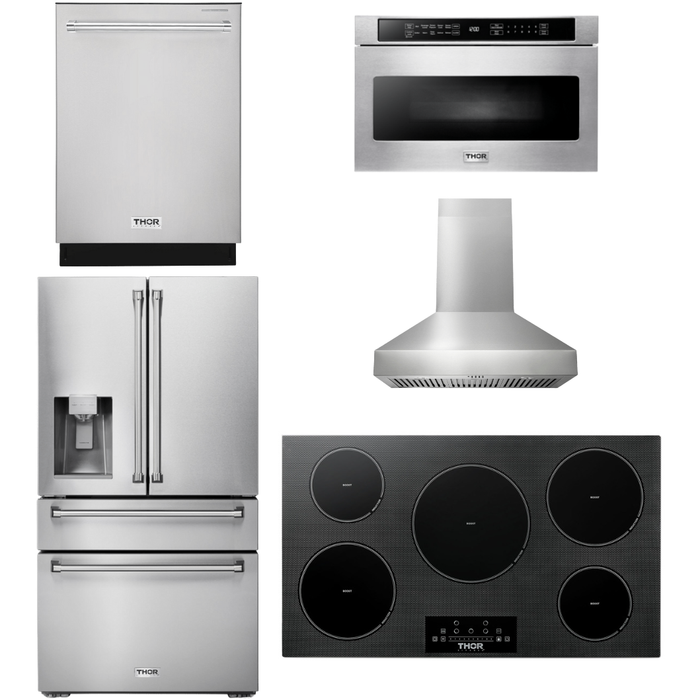 Thor Kitchen 36 In. Induction Cooktop, Range Hood, Microwave Drawer, Refrigerator with Water and Ice Dispenser, Dishwasher Appliance Package