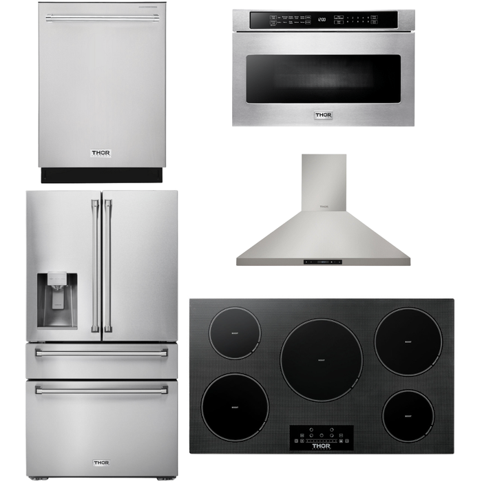 Thor Kitchen 36 In. Induction Cooktop, Range Hood, Microwave Drawer, Refrigerator with Water and Ice Dispenser, Dishwasher Appliance Package