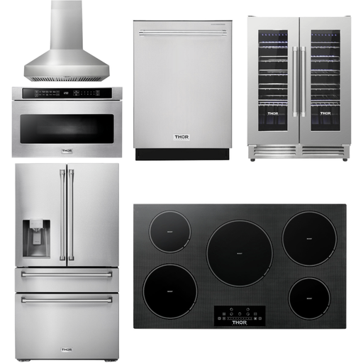 Thor Kitchen 36 In. Induction Cooktop, Range Hood, Microwave Drawer, Refrigerator with Water and Ice Dispenser, Dishwasher, Wine Cooler Appliance Package