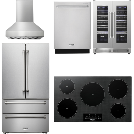 Thor Kitchen 36 In. Induction Cooktop, Range Hood, Refrigerator, Dishwasher, Wine Cooler Appliance Package