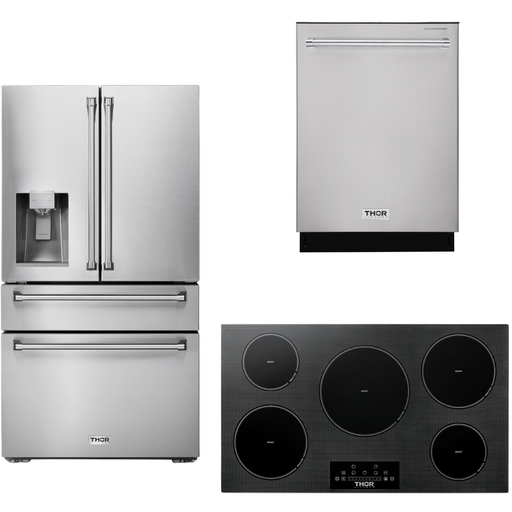 Thor Kitchen 36 In. Induction Cooktop, Refrigerator with Water and Ice Dispenser, Dishwasher Appliance Package