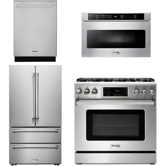 Thor Kitchen 36 In. Natural Gas Range, Microwave Drawer, Refrigerator, Dishwasher Appliance Package