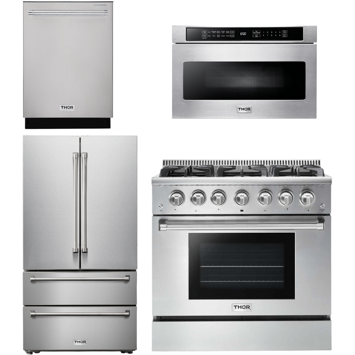 Thor Kitchen Kitchen Appliance Packages Thor Kitchen 36 In. Natural Gas Range, Microwave Drawer, Refrigerator, Dishwasher Appliance Package