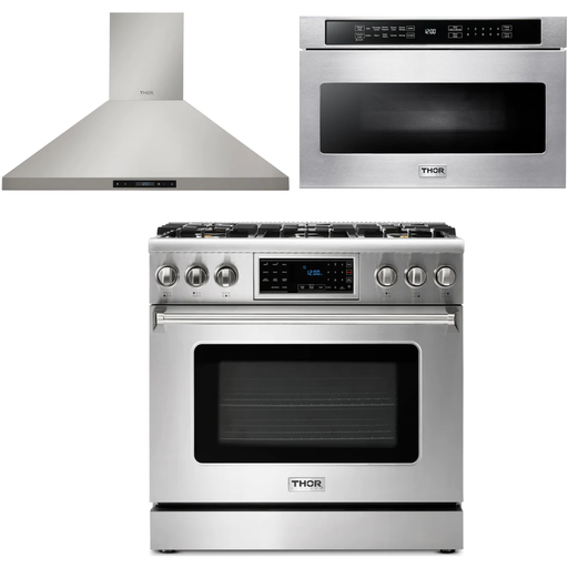 Thor Kitchen 36 In. Natural Gas Range, Range Hood, Microwave Drawer Appliance Package