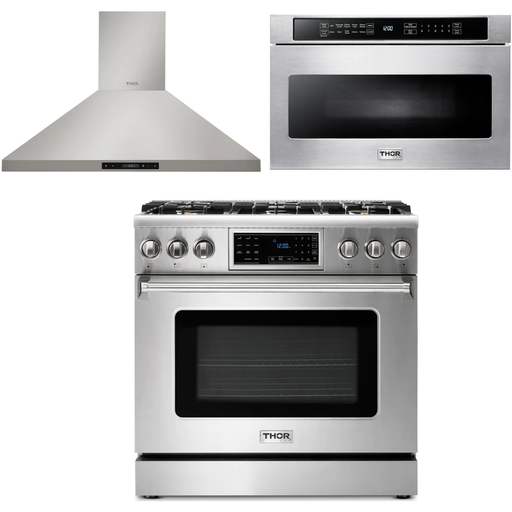 Thor Kitchen Kitchen Appliance Packages Thor Kitchen 36 In. Natural Gas Range, Range Hood, Microwave Drawer Appliance Package