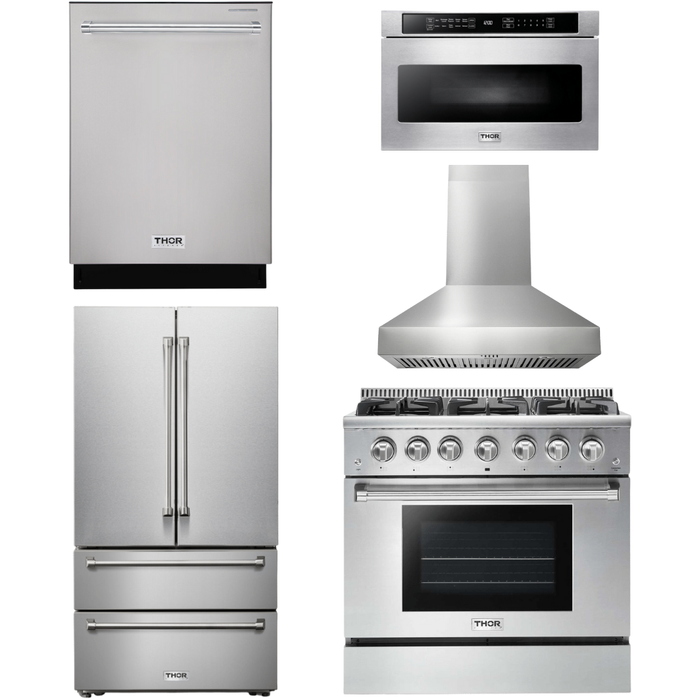 Thor Kitchen 36 In. Natural Gas Range, Range Hood, Microwave Drawer, Refrigerator, Dishwasher Appliance Package