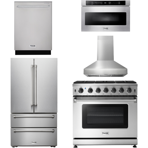 Thor Kitchen 36 In. Natural Gas Range, Range Hood, Microwave Drawer, Refrigerator, Dishwasher Appliance Package