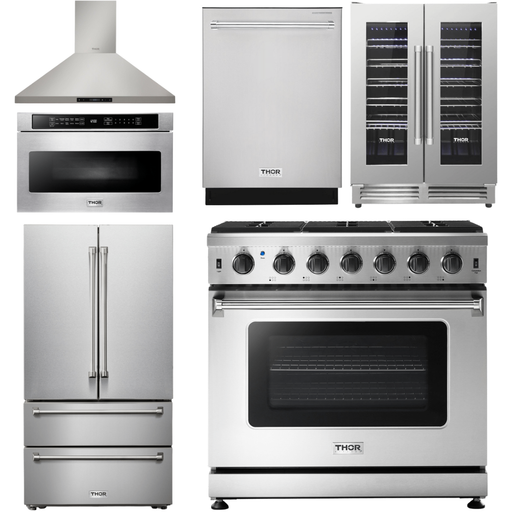 Thor Kitchen 36 In. Natural Gas Range, Range Hood, Microwave Drawer, Refrigerator, Dishwasher, Wine Cooler Appliance Package