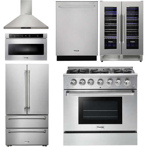 Thor Kitchen Kitchen Appliance Packages Thor Kitchen 36 In. Natural Gas Range, Range Hood, Microwave Drawer, Refrigerator, Dishwasher, Wine Cooler Appliance Package